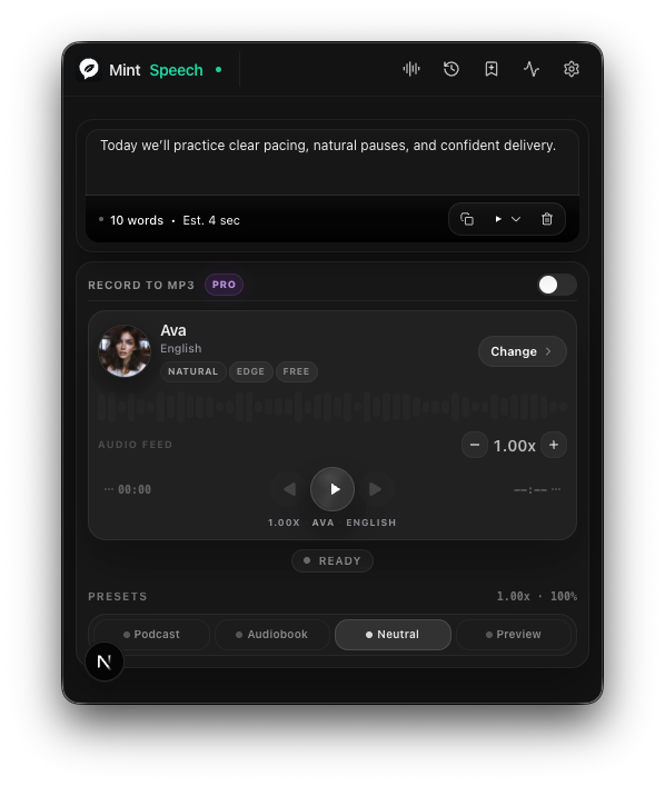 Mint Speech app interface showing speech practice text, voice controls, and presets